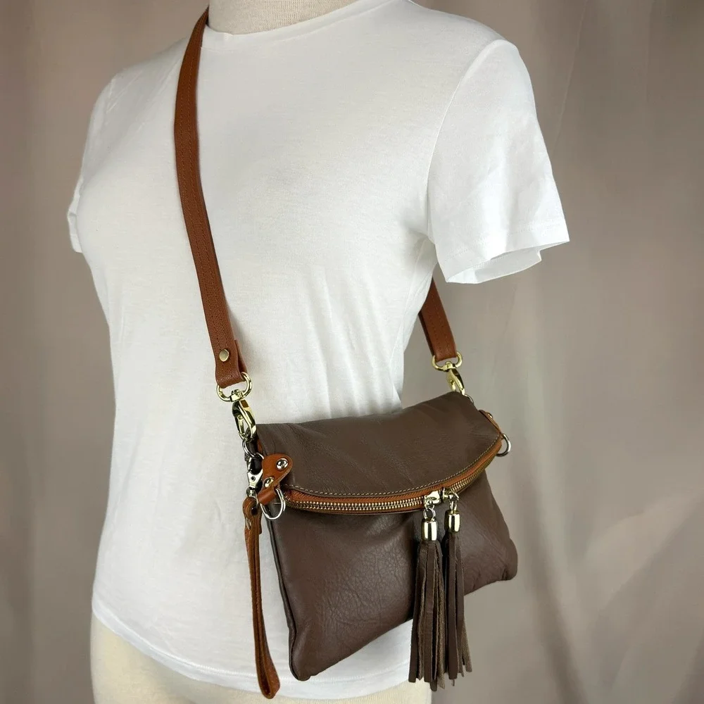 Vintage PONTI FIRENZE Brown Leather Crossbody Purse Bag Tassel Italy Travel